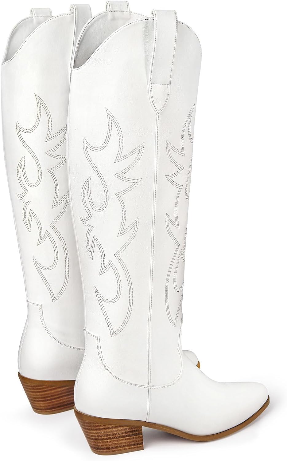 Ouepiano White Cowgirl Boots - Women's Knee High Chunky Heel Western Style | Pointed Toe, Wide Calf