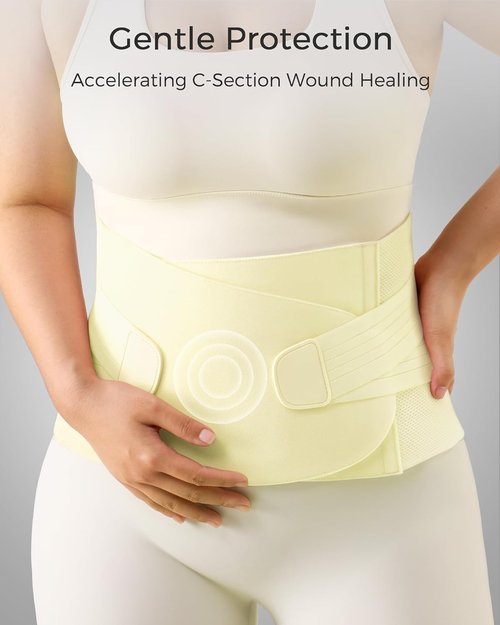 FREETOO Postpartum Belly Band - Soft Abdominal Binder with Back Support | Adjustable Compression, M, Cream