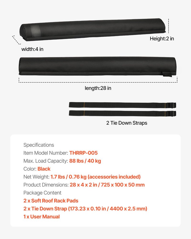 VEVOR Soft Roof Rack Pads, 28" Universal Car Roof Rack Pads for Various Crossbars, 88LBS Load Capacity Luggage Kayak Carrier with 2 Tie Down Straps & Velcros for SUPs Canoes Snowboards Paddle Boards
