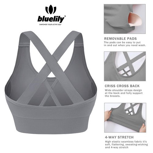 BLUELILY Sports Bras for Women High Impact Cross Back Strappy Bras Cropped Padded Seamless Workout Yoga Bras Set
