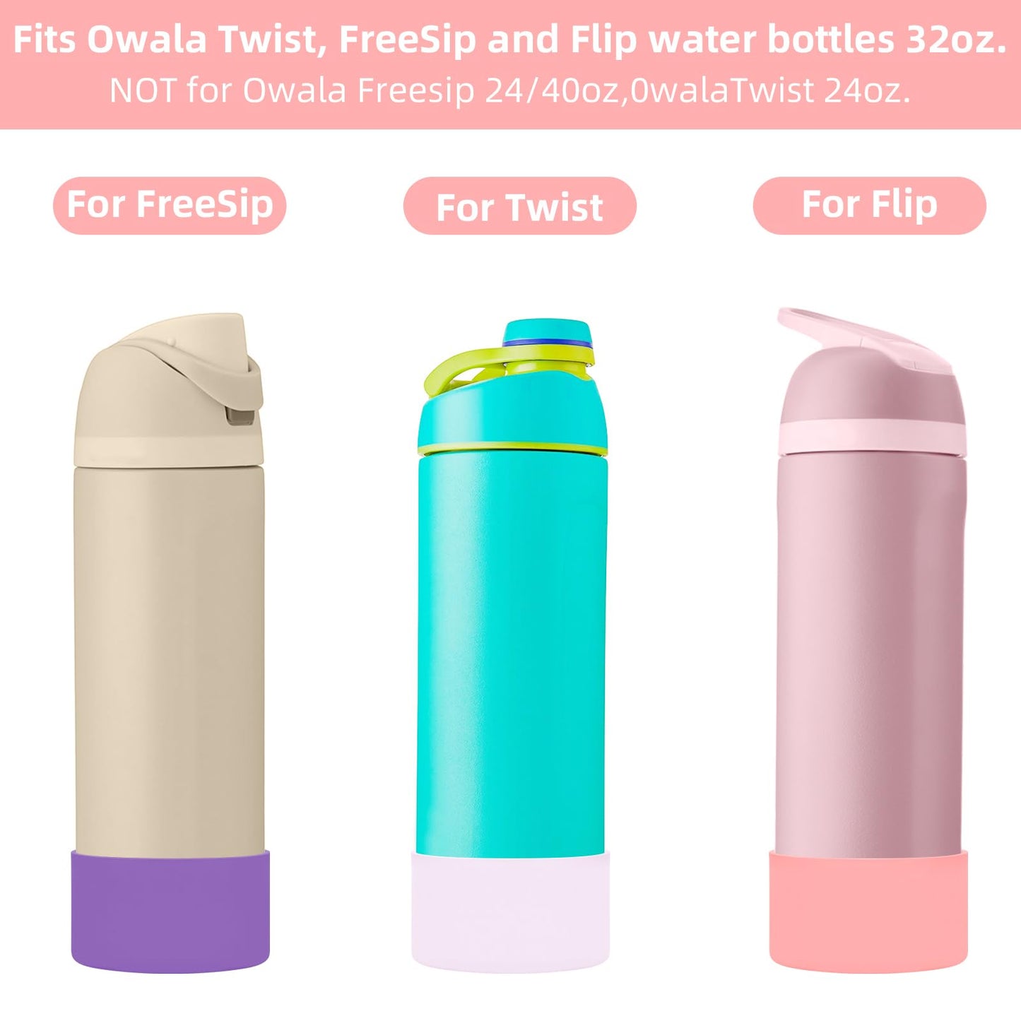 TQONEP 2Pcs Silicone Boot for Owala Water Bottle 24oz, Anti-Slip & No Noise Protective Sleeve for Flip/Twist/FreeSip Stainless Steel Water Bottle, BPA Free, Dishwasher Safe
