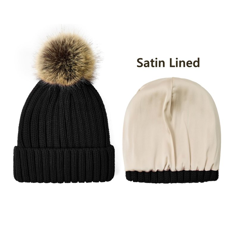 Century Star Womens Satin Lined Winter Beanie with Detachable Faux Fur Pom Pom, Warm Knit Cuffed Hat for Cold Weather Black One Size