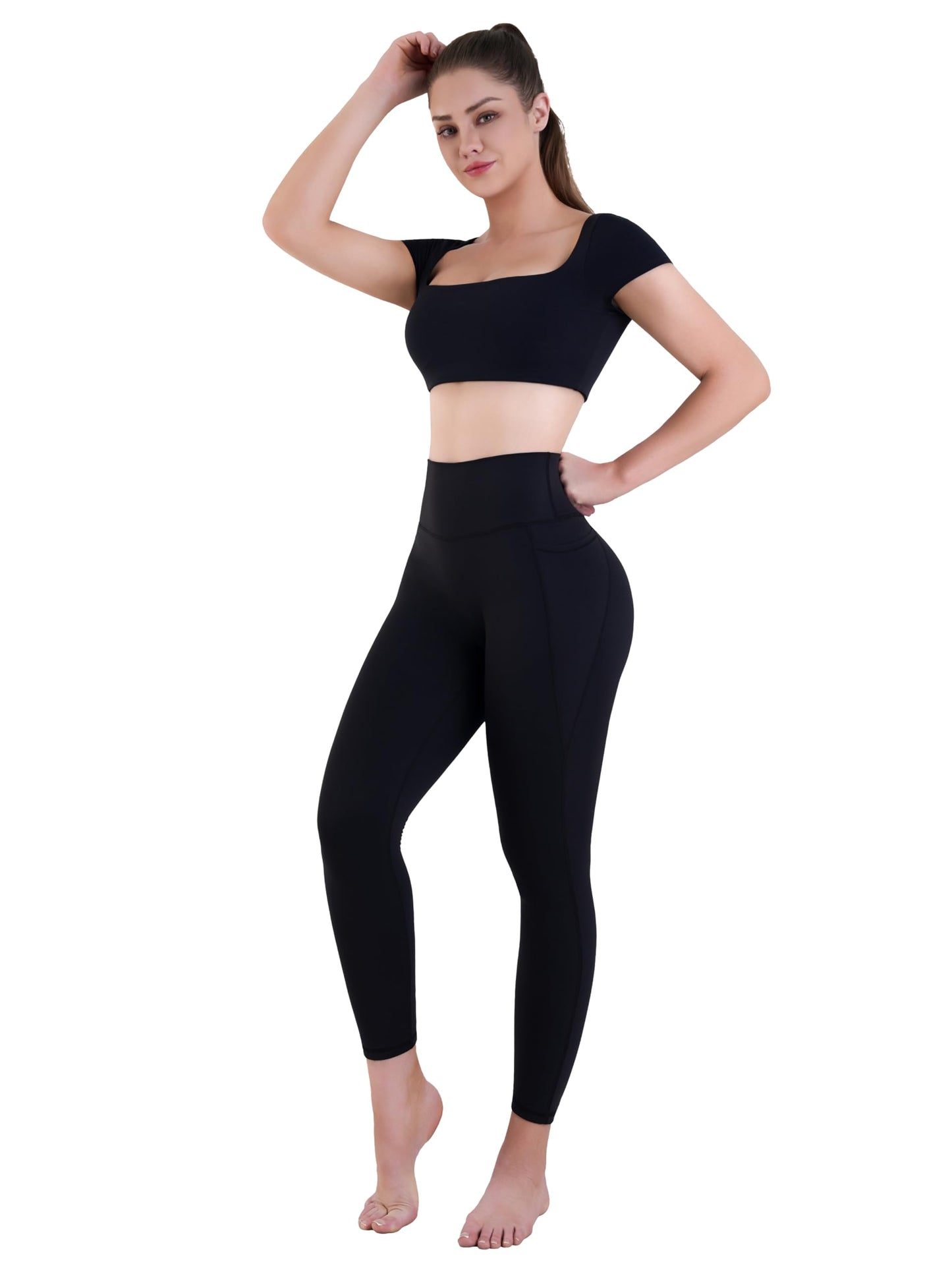 Sunzel Sustainable High Waisted Butt Lifting Leggings with Pockets for Women, No Front Seam Tummy Control Workout Yoga Pants 25" Black Medium