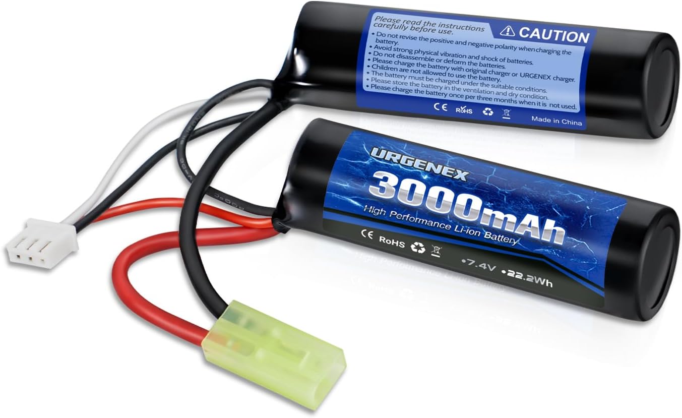 URGENEX 3000mAh Airsoft Battery - 7.4V Nunchuck Rechargeable with Mini Tamiya Plug | Fits Most Airsoft Guns