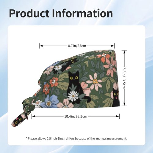 Floral Black Cat Working Cap, Scrub Cap with Sweatband, Adjustable Tie Back Hat Breathable Headgear for Women/Men
