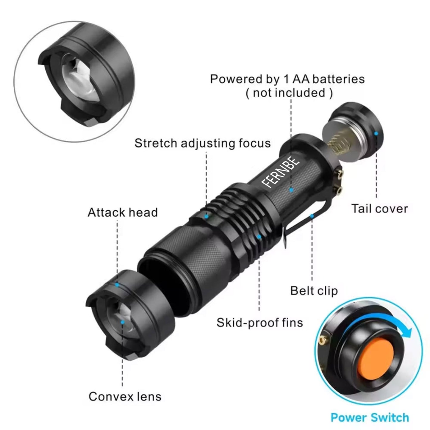 FERNBE 5 Pack SK-68 3 Modes Handheld Mini LED Flashlight Torch Lamp 7w 300lm Adjustable Focus Zoomable Waterproof Light, with Belt Clip Flashlight for Gift,Camping