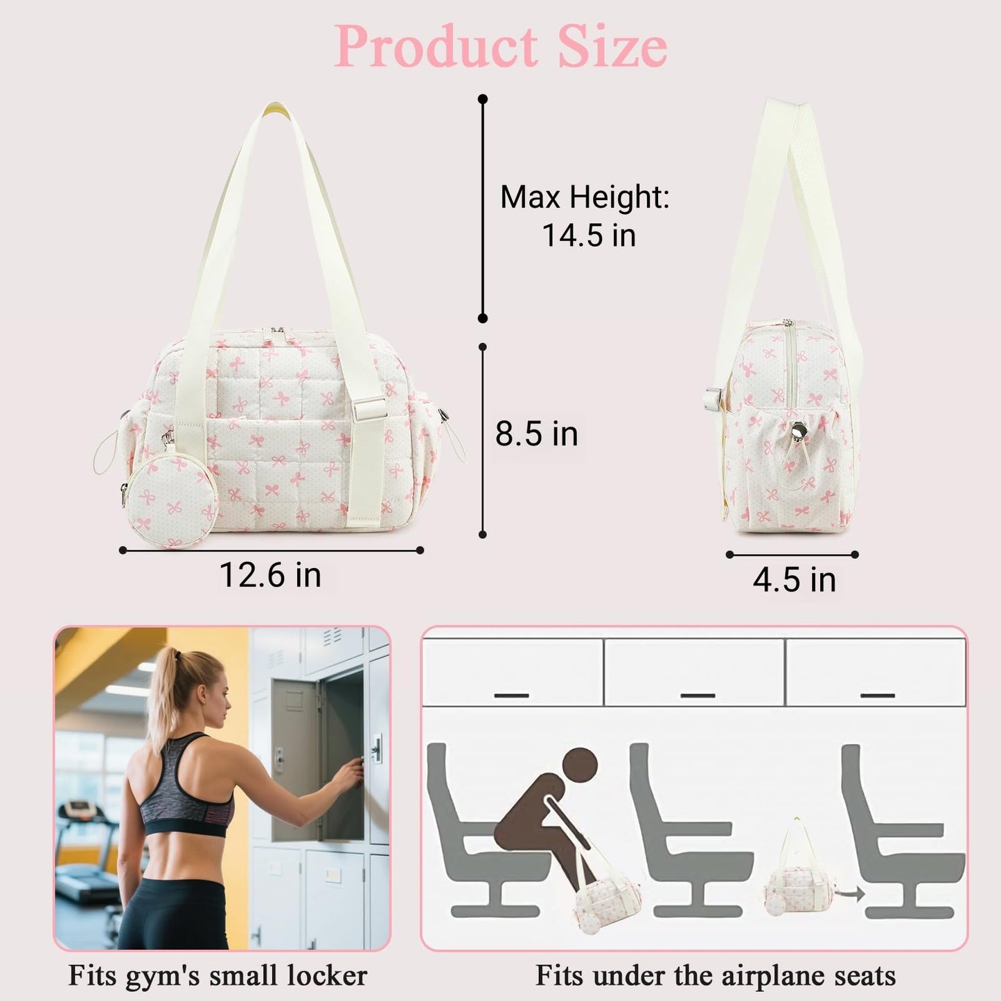 CAMTOP Mini Gym Bag for Women, Small Gym Tote Bag Puffy Quilted Sports Duffel Bag with Wet Compartment and Coin Purse Duffel Bags Dance Yoga Workout Bag for Gifts (Beige Pink Bow, Mini-12.6")