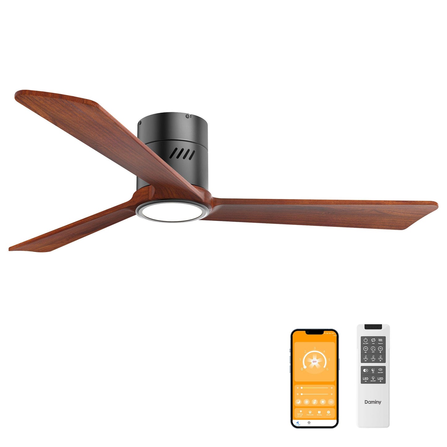 DAMINY Natural Solid Wood 52 inch Ceiling Fan with Light,3 Blades,6CCT,Black Low Profile Ceiling Fan with Light and Remote Control,APP Control,Flush Mount