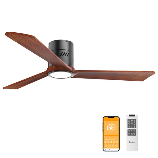 DAMINY Natural Solid Wood 52 inch Ceiling Fan with Light,3 Blades,6CCT,Black Low Profile Ceiling Fan with Light and Remote Control,APP Control,Flush Mount