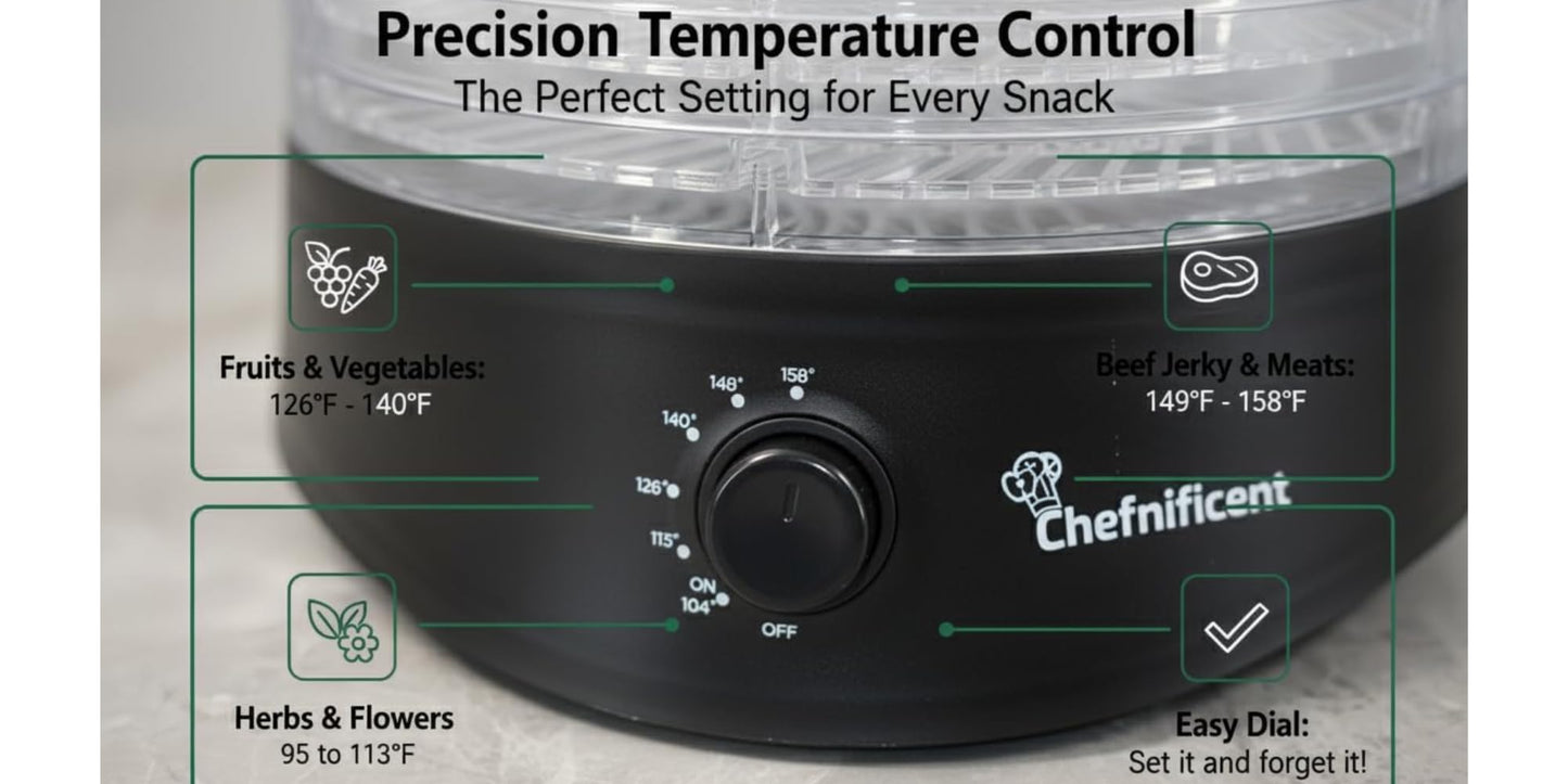 Food Dehydrator DryMax 280 – 5 Tray Adjustable, BPA-Free – 4-Hour Quick Drying, Even Heat, Easy Temp Control – Fruit, Veggie, Meat Jerky Maker (Black)