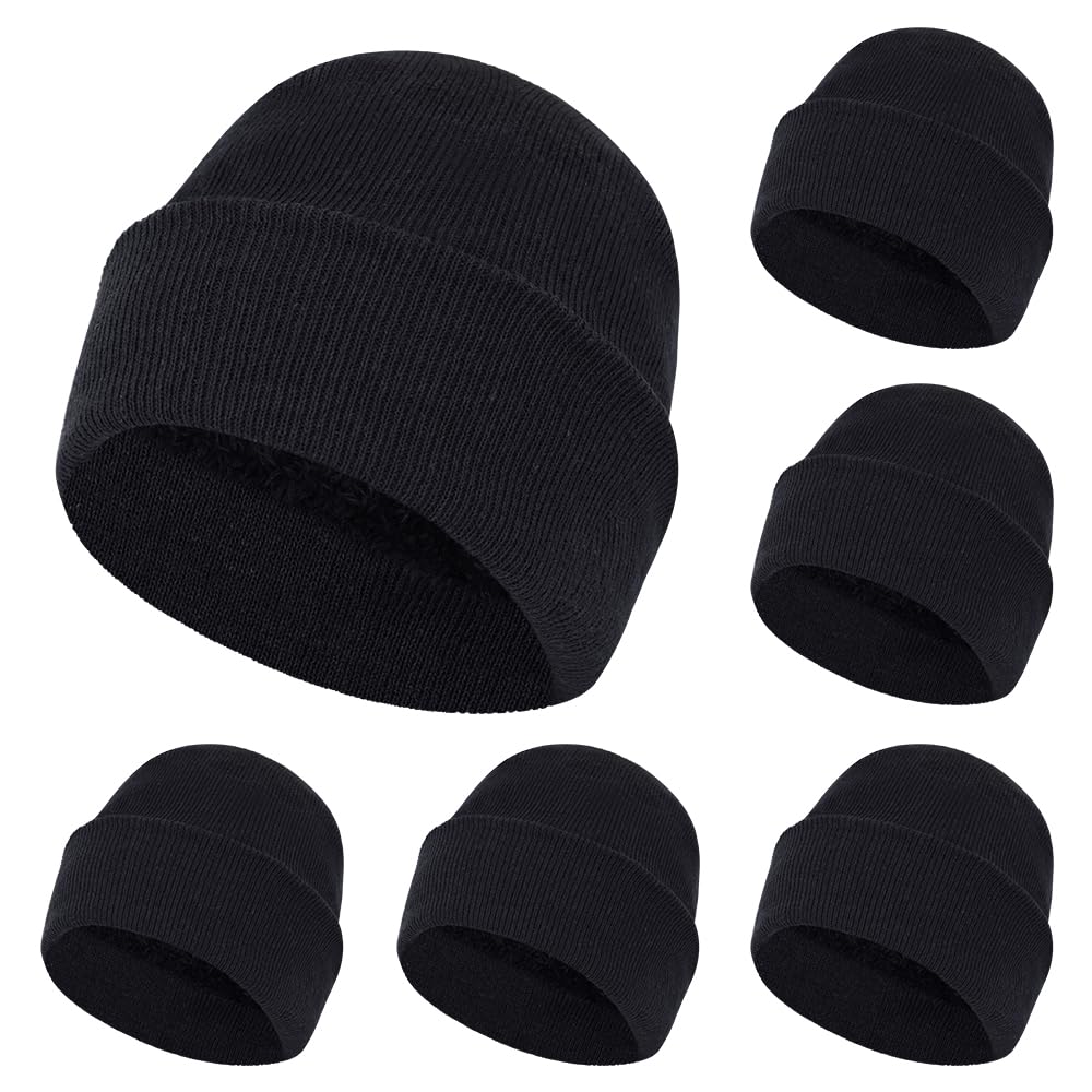 ZH 6 Pack Men's Winter Knit Beanies with Fleece Lining, Warm Stretchy Skull Caps for Cold Weather, Unisex Thermal Hats Black