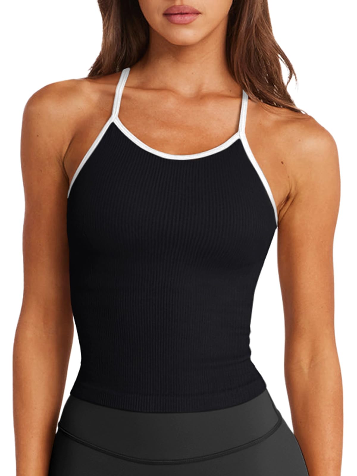 LASLULU Tank Tops for Women 2026 Built in Bra Racerback Color Block Workout Sports Bra Pilates Dance Gym Tops Sexy Casual Fall Fashion Outfits(Black White Medium)
