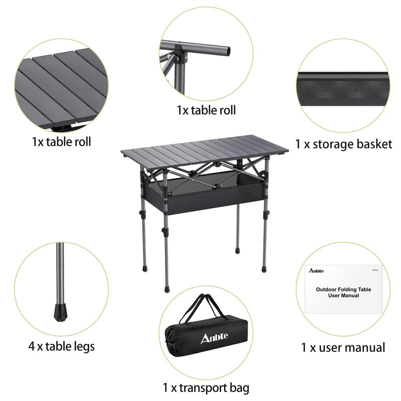 Anbte 3ft Aluminum Roll Top Camping Table, 2 Adjustable Height Camping Table Folding with Storage Net & Bag Lightweight Roll Up Table for Tailgate Outdoor Backyard BBQ Patio Picnic, 32.2” X 16”, Black