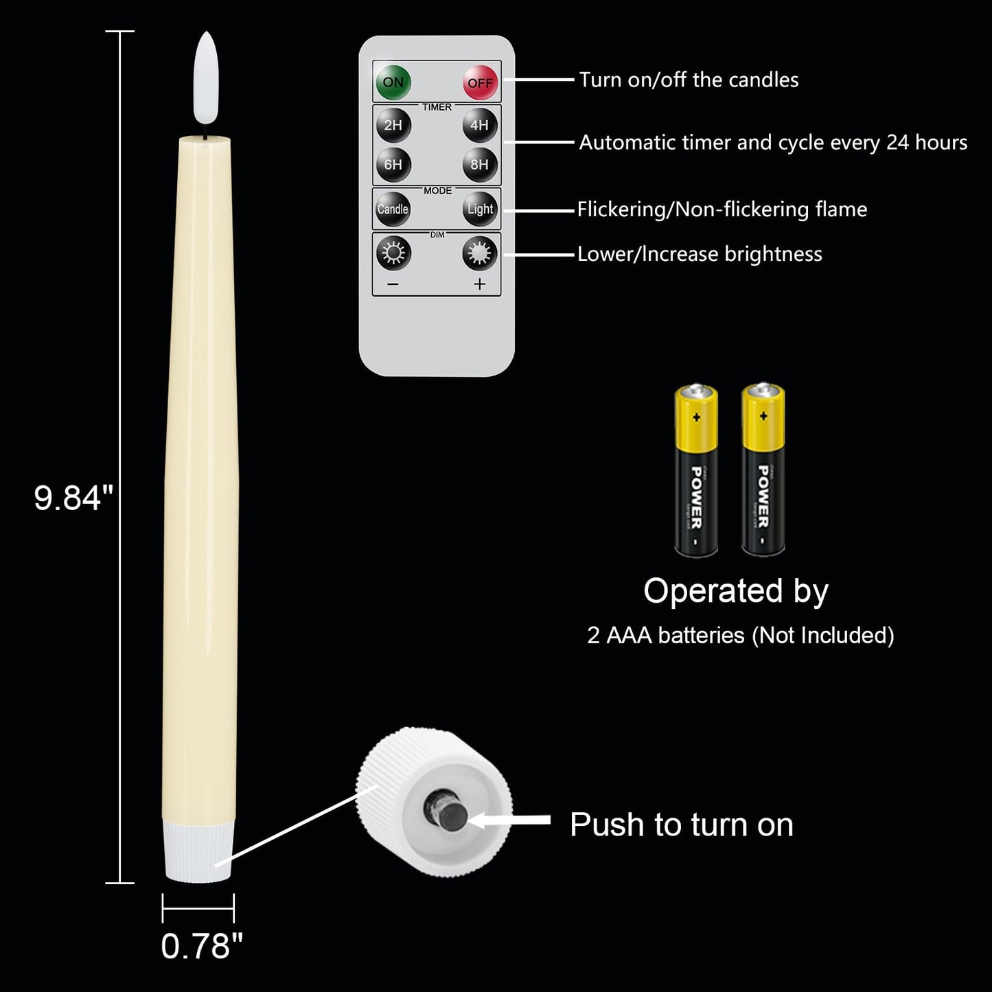 GenSwin LED Taper Candles, Flameless Taper Candles Battery Operated with Remote Timer, Set of 2 Real Wax White Flameless Candlesticks with 3D Flickering Flame for Home Wedding Decor (0.78” x 9.84”)