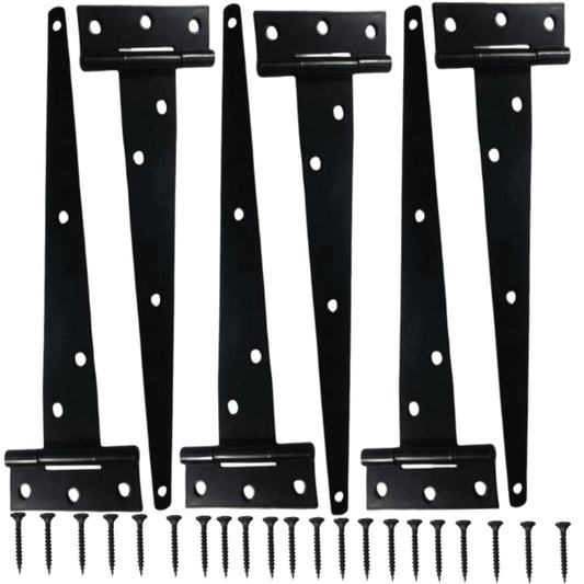 6PCS 10 inch T Gate Hinge Heavy Duty, Tee Barn Shed Door Hinges Outdoor, Strap Black Rustproof Bisagras para Puertas De Madera, Wooden Fence Yard