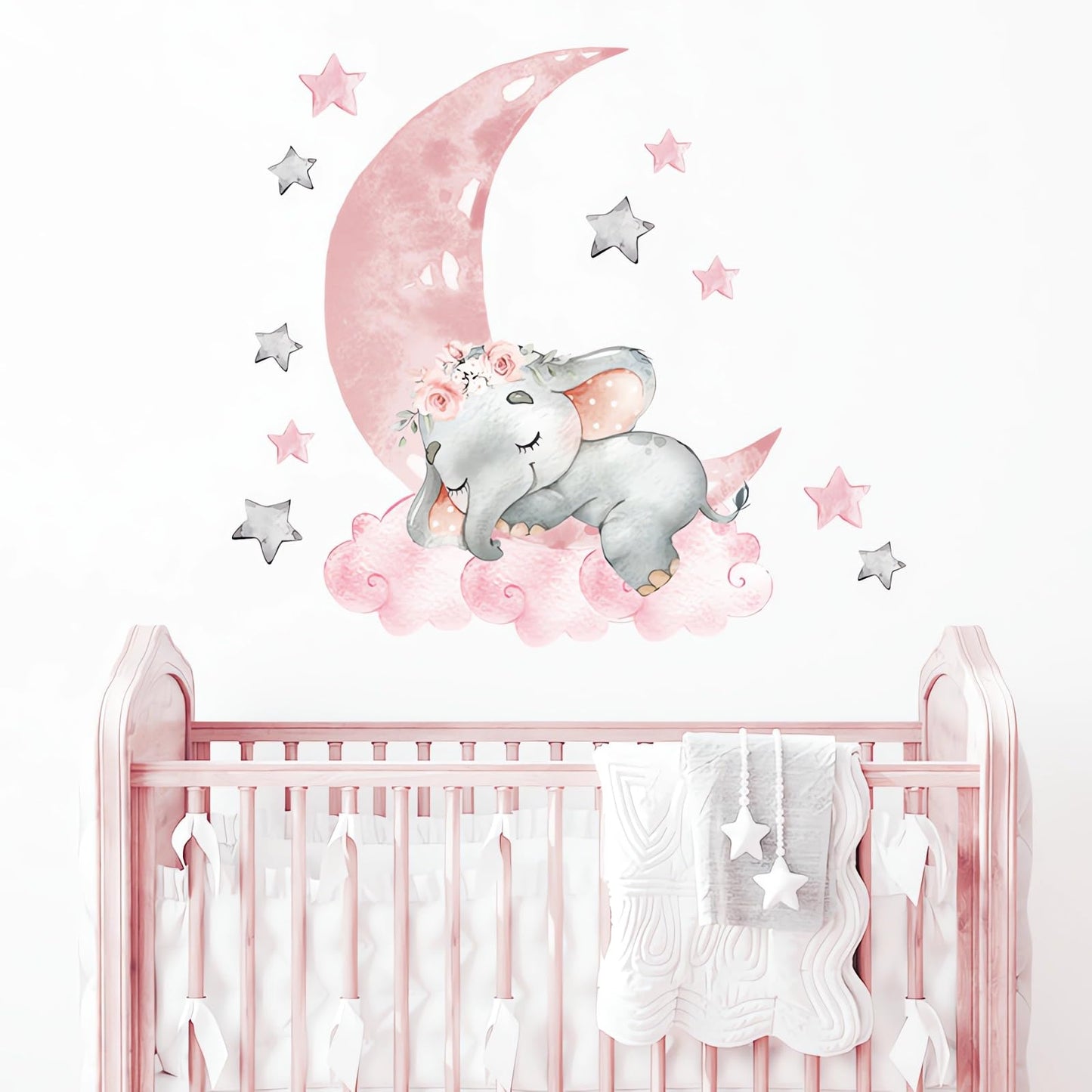 Cute Pink Sleeping Baby Elephant Wall Stickers, sacinora Moon and Stars DIY Art Wall Decals Removable Vinyl Peel and Stick for Kids Baby Girls Nursery Bedroom Toddler Room Decorations
