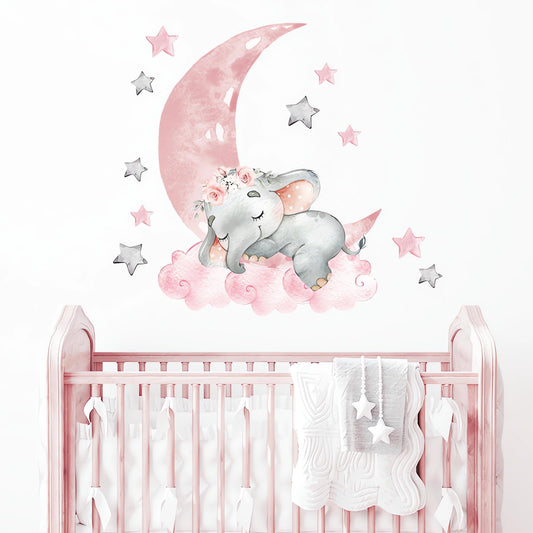 Cute Pink Sleeping Baby Elephant Wall Stickers, sacinora Moon and Stars DIY Art Wall Decals Removable Vinyl Peel and Stick for Kids Baby Girls Nursery Bedroom Toddler Room Decorations