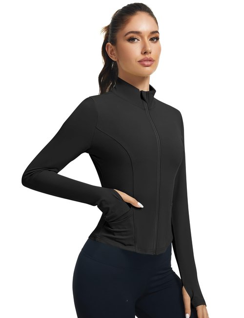 LOMON Cropped Jacket Women Black Zip Up Jacket Active Long Sleeve Tops for Women Running Shirts Gym Golf Compression Black XS
