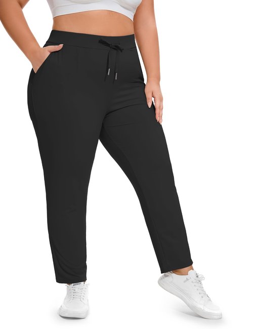 COOTRY Women's Plus Size Pants 7/8 Stretch Sweatpants Golf Athletic Travel Work Casual Joggers with Deep Pockets Black 3XL