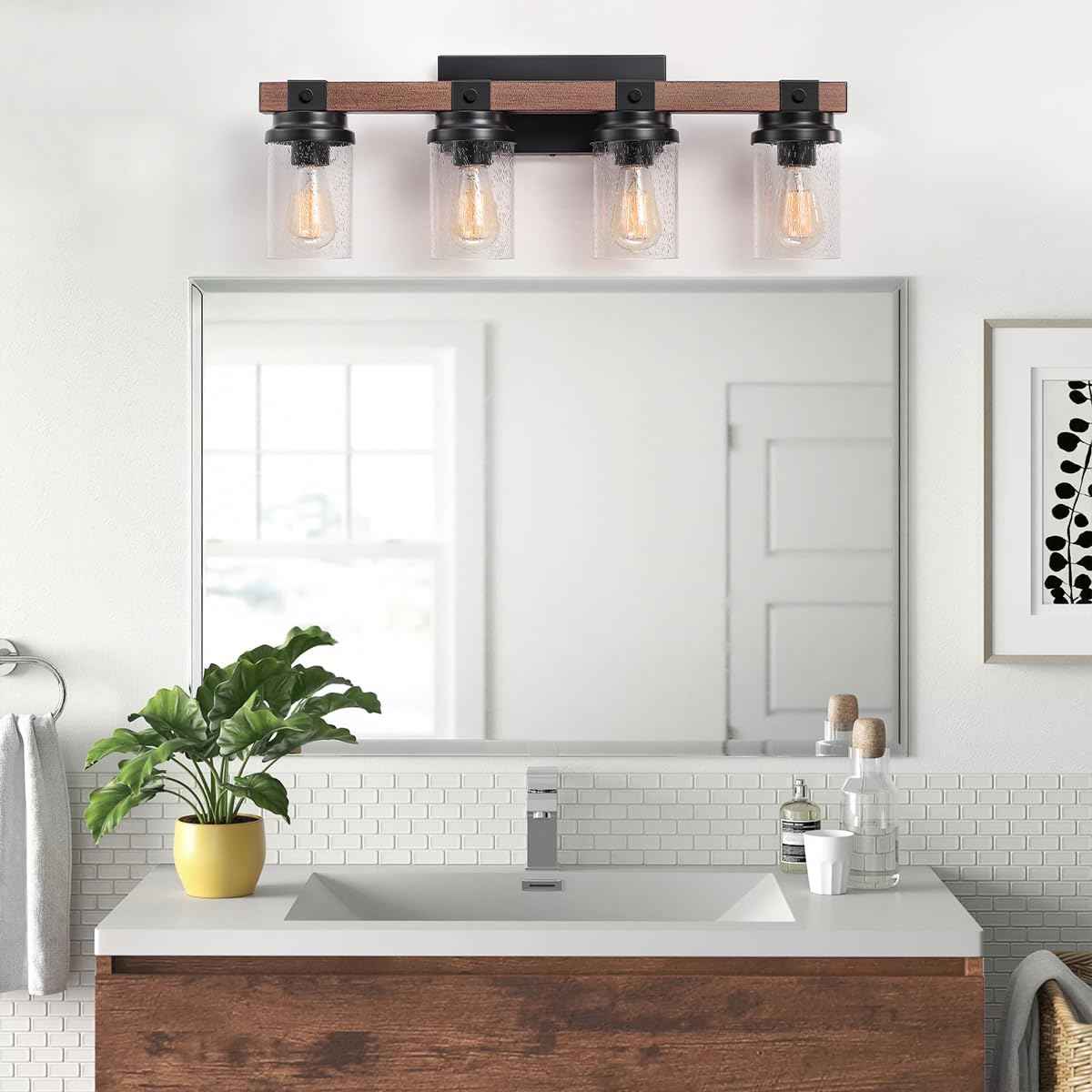 Farmhouse 2-Light Vanity Lights for Bathroom - Rustic Black Wood & Glass Sconces