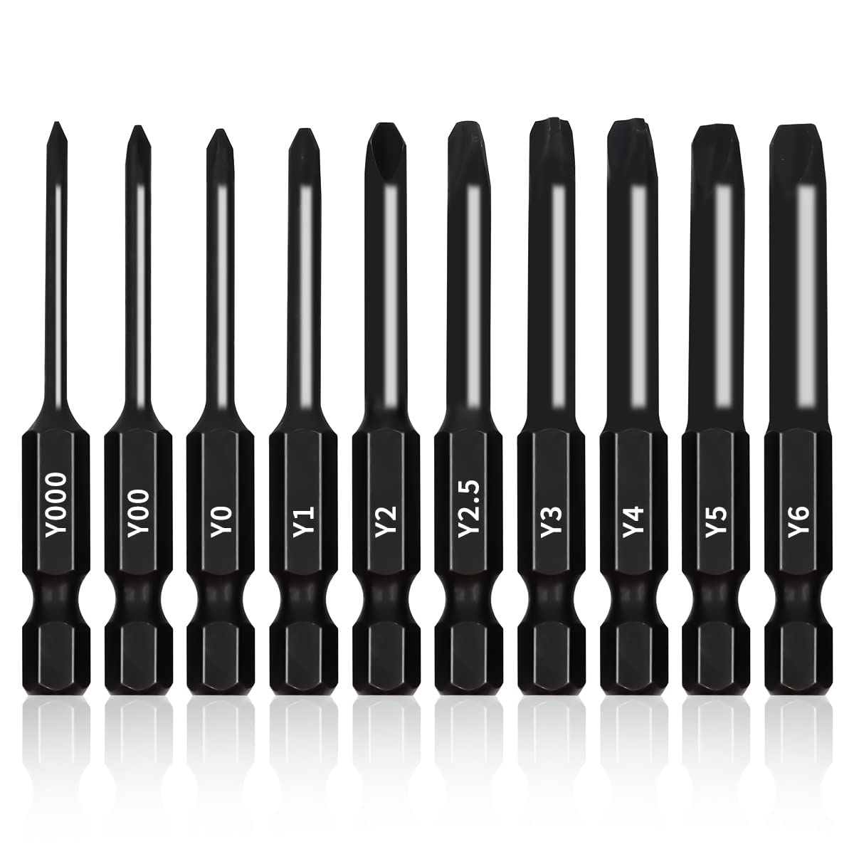 TriWing Bit Set (10 Pack - 2.3" Long Magnetic Heads) in The Following Tri Wing Bits Screwdriver Sizes: Y000, Y00, Y0, Y1, Y2, Y2.5, Y3, Y4, Y5, and Y6