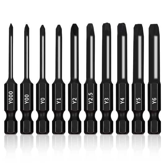 TriWing Bit Set (10 Pack - 2.3" Long Magnetic Heads) in The Following Tri Wing Bits Screwdriver Sizes: Y000, Y00, Y0, Y1, Y2, Y2.5, Y3, Y4, Y5, and Y6