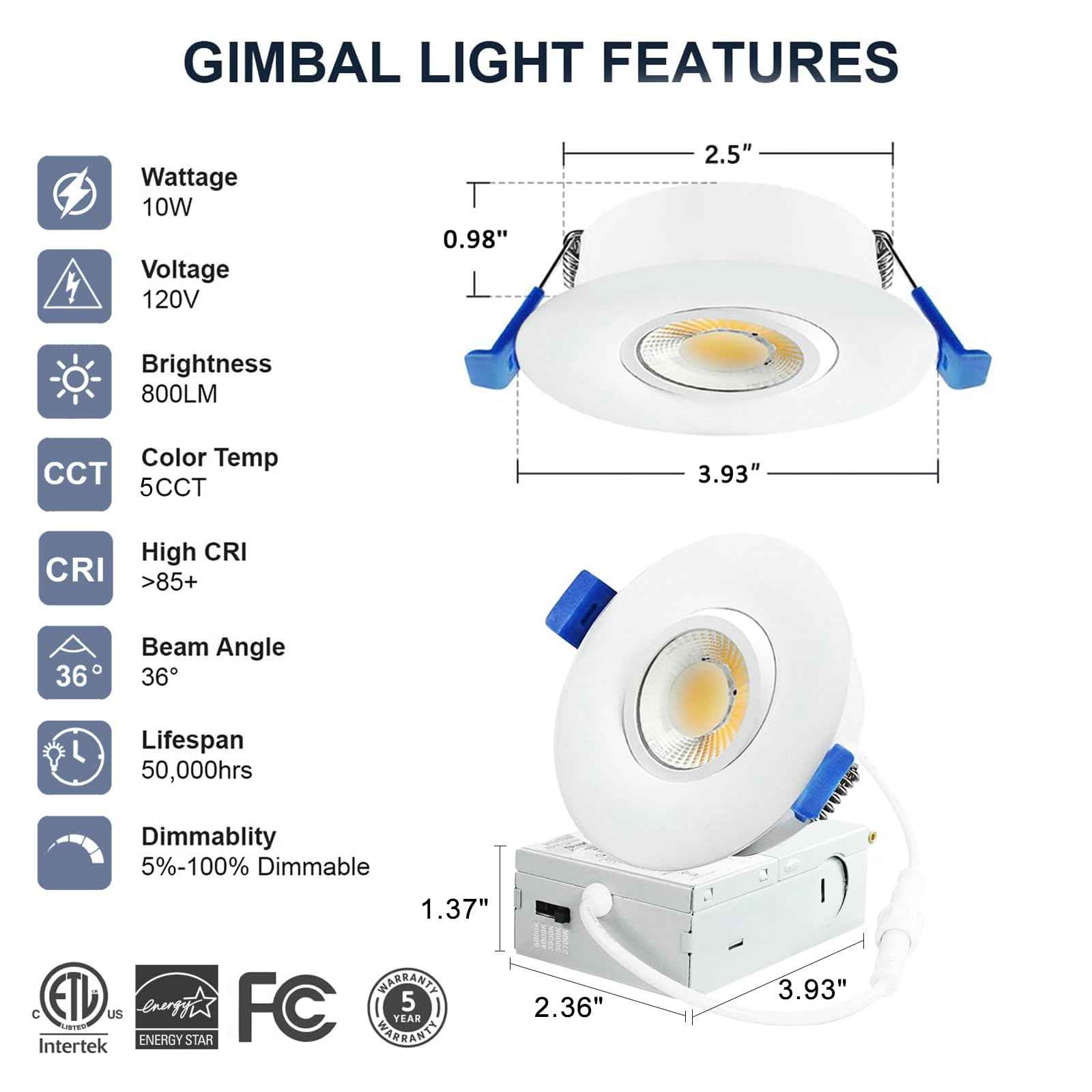 LULIT 6 Pack White 3-inch 5 CCT Gimbal LED Recessed/Downlight Color Selectable 2700K/3000K/3500K/4000K/5000K 800Lm 10W 120V Dimness Adjustable LED Lights