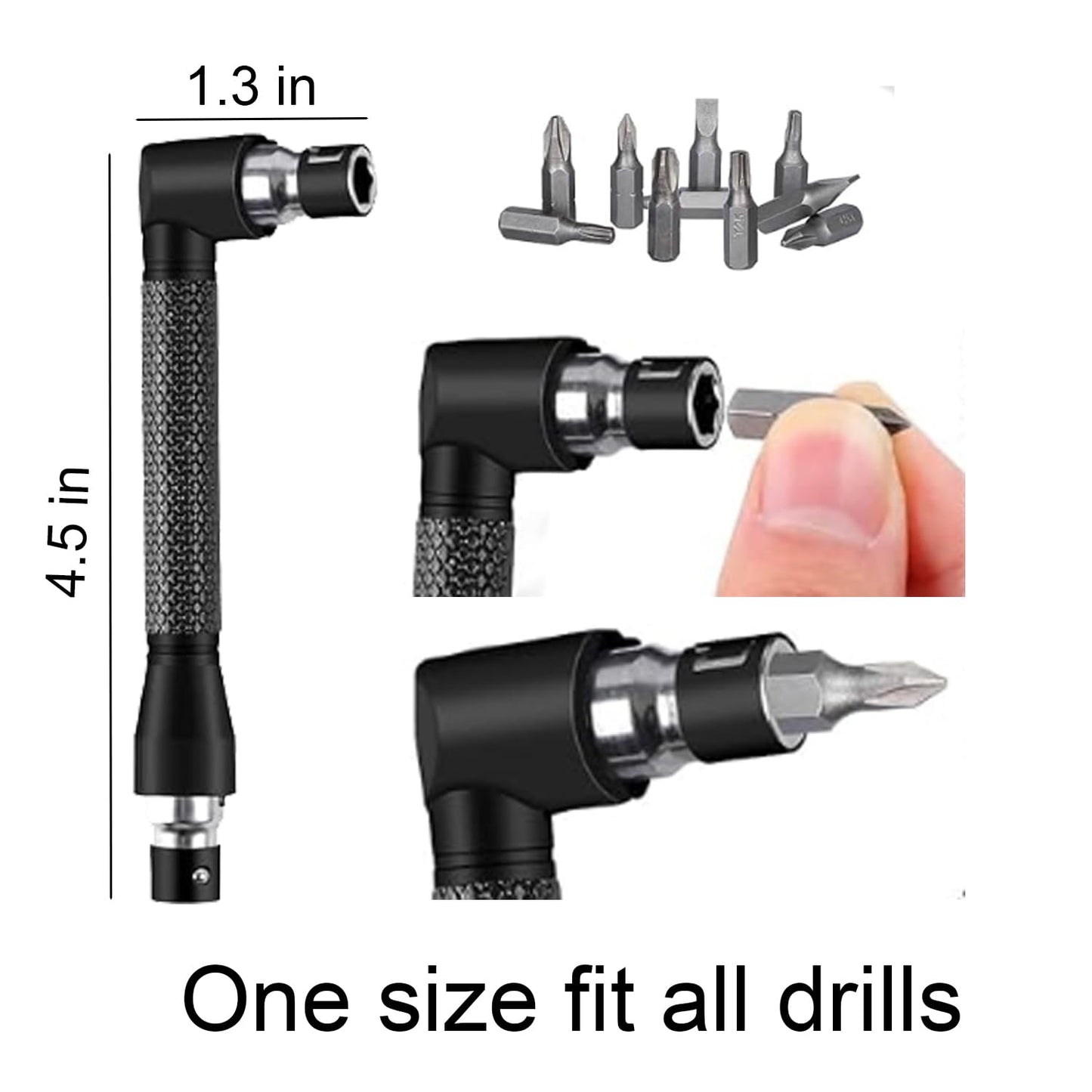 17-Pieces Flexible Drill Bit Extension Set with 3 rotatable socket adapters, 2 hex shank 105° right angle drill attachments, 10 short screwdriver bits, and a 90° angled bit with a flexible extension