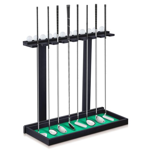 Blosssound Golf Putter Stand for 8 Clubs & 12 Balls Wooden Golf Club Holder Golfs Rack Display Organizer Storage with Artificial Grass Mat for Sports Indoor Home Garage Accessories(Black)