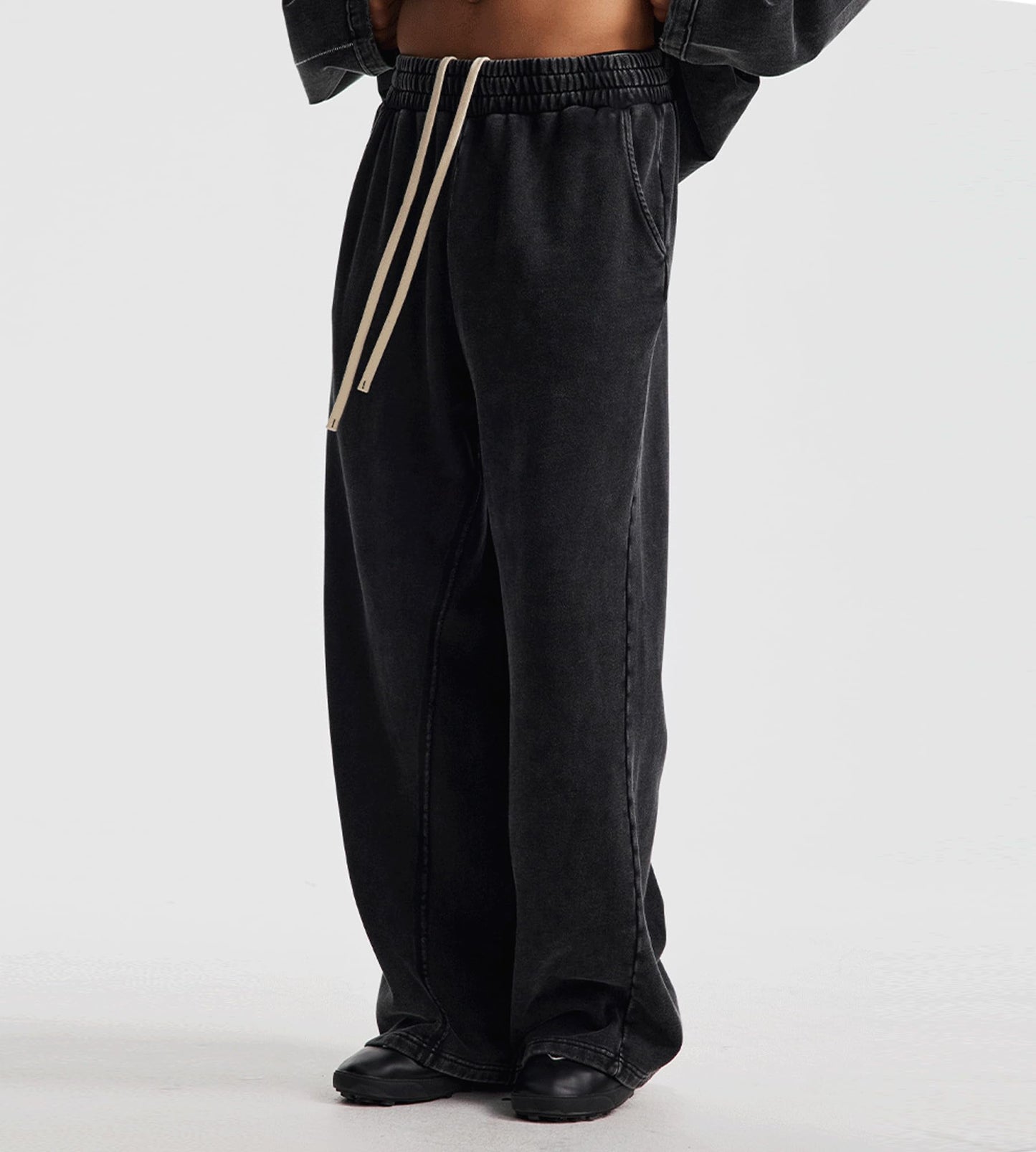 Colorful world Mens Sweatpants Acid Washed Elastic Waist Drawstring Sweat Pants Cotton Baggy Streetwear Pant with Pockets(Black,L)