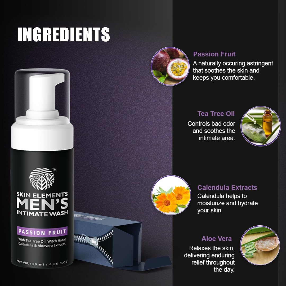 Skin Elements Intimate Wash for Men - pH Balanced Foaming Formula with Passion Fruit (4.05 Fl Oz) | Prevents Itching & Odor