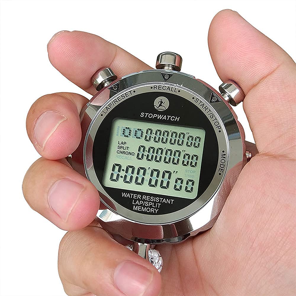 JUNSD Digital Stopwatch, Metal Stop Watch 10 Lap Memory Stopwatch Timer, Water Resistant Stopwatch for Sports, Competitions, Games