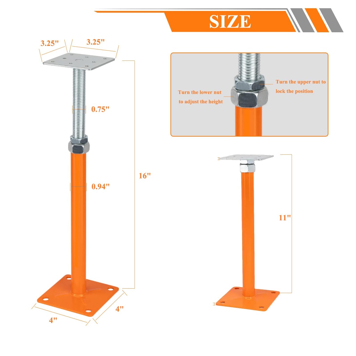 Everkeen House Jacks for Leveling, Floor Jacks Screw Adjustable 6 PCS 11" - 16" Height Range, Foundation Support Pole, Home Crawl Space Max Load Capacity 4 ton 6 Pack (QJD-6PCS), Joist Lifting Post