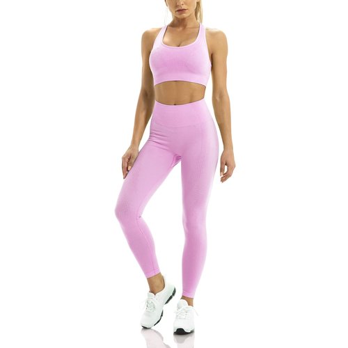 WodoWei Women 2 Piece Workout Outfits Sports Bra Seamless Leggings Yoga Gym Activewear Set (YO610-Sorbet Pink Marl-L)