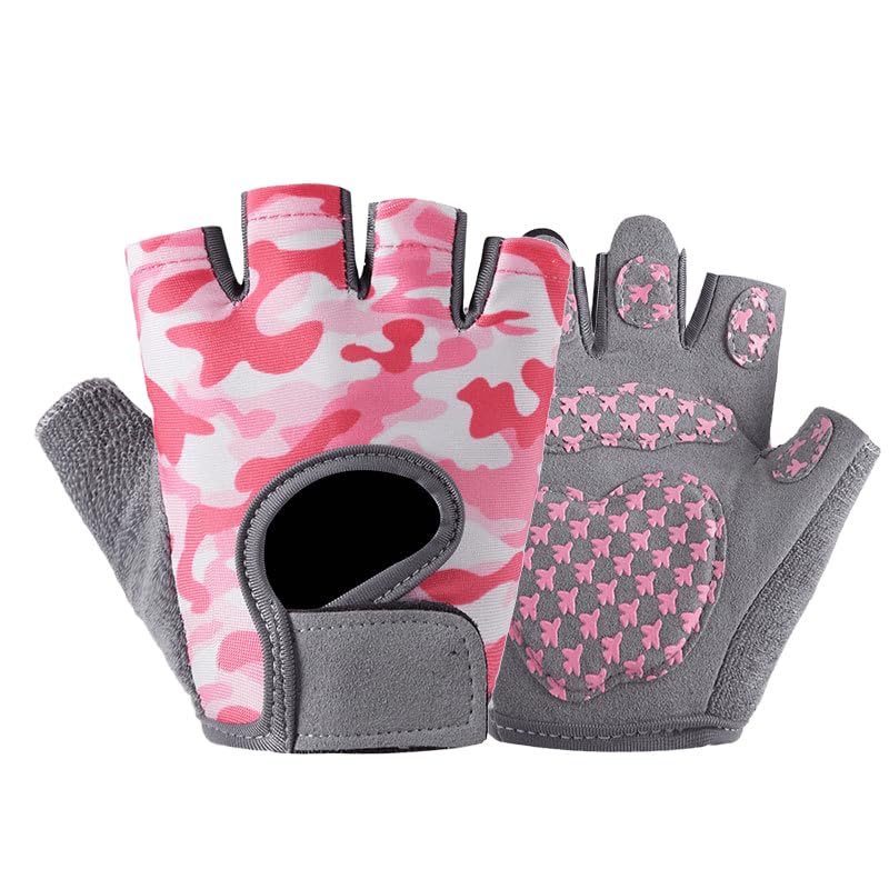 Kids Half Finger Cycling Gloves - Non-Slip Padded, Pink Camo, M (5-8 Years)