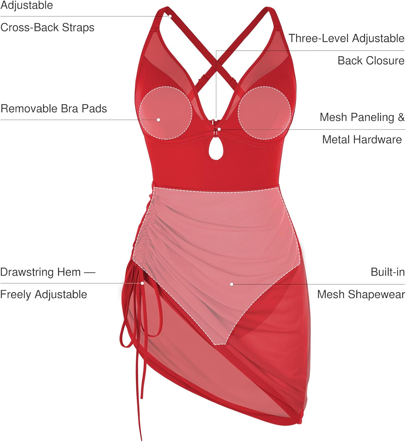 Popilush One-Piece Swim Dress for Women - Tummy Control & Slimming Mesh Sarong Wraps