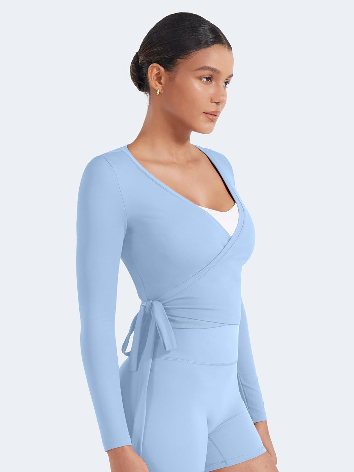 YEOREO Women's Pilates Wrap Top - Long Sleeve Tie Ballet Yoga Shirt | Michelie Y2K V-Neck Cropped Design