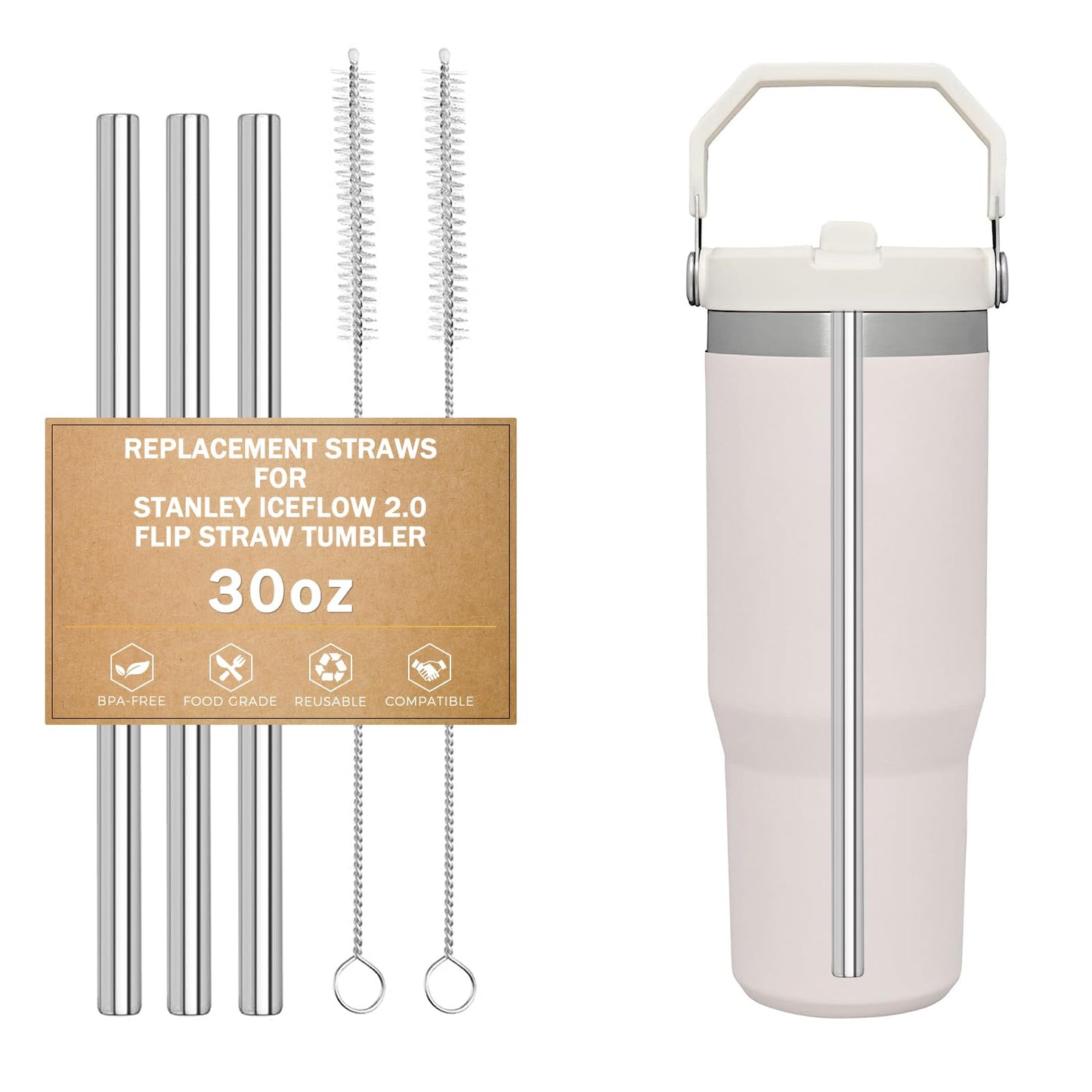 LUCKINEE Replacement Stainless Steel Straws for Stanley IceFlow Tumbler 30 oz, 3 Pack Metal Reusable Straws with 2 Straw Cleaner Brushes for IceFlow Tumbler Accessories