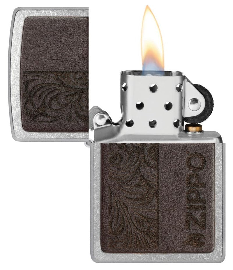 Zippo Brown Leather Emblem Design Street Chrome Pocket Lighter