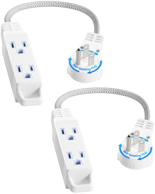 SURAIELEC 1FT Extension Cord, 360° Rotating Flat Plug Extension Cord Flat Wall Plug with 3 Outlets, White Braided Flat Cord for Indoor Use, Compact Areas, 16/3C SPT, ETL Listed, 2 Pack