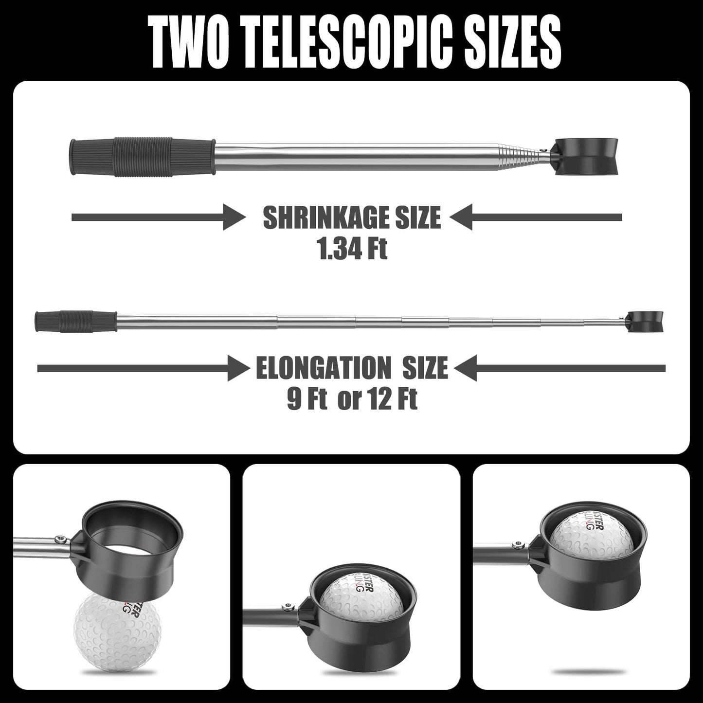 SisterAling 9ft/12ft Water Telescopic Golf Ball Retriever,Classic and Durable Stainless Steel Pick-Up Upper Grabber Tool,The Best Accessory Gift for Men and Women Golfers.(Black, 9Ft)