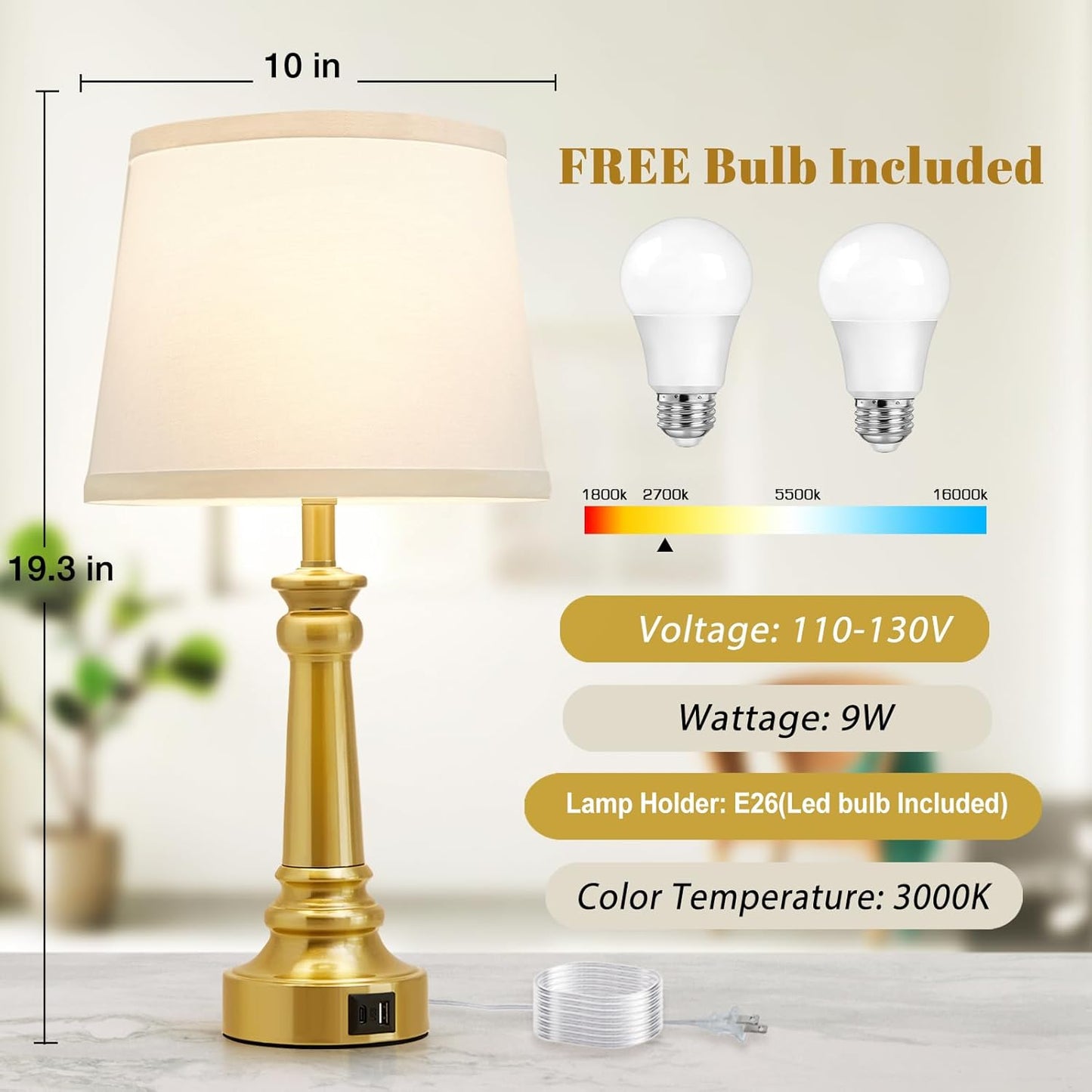 Touch Bedside Table Lamps Set of 2 with USB C+A Ports - 3-Way Dimmable Linen Shade
