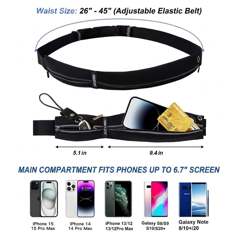 Slim Running Belt for Women and Men, Waterproof Phone Holder for Running, Reflective 2-Pocket Waist Pack for Storing Runner’s Essentials Safely, Runner’s Fanny Pack, Money Belt Fits Most Phones(Black)