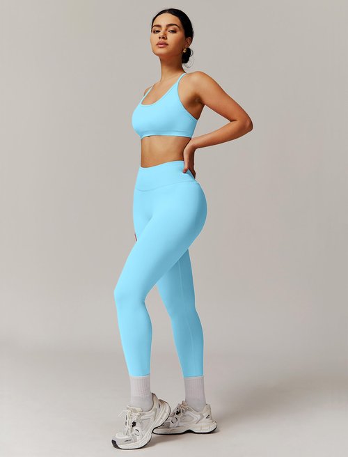 ABOCIW Two Piece Workout Sets for Women Seamless Backless Strappy Sports Bra Butt Lifting High Waist Gym Leggings Yoga Athletic Set Ice Blue Small