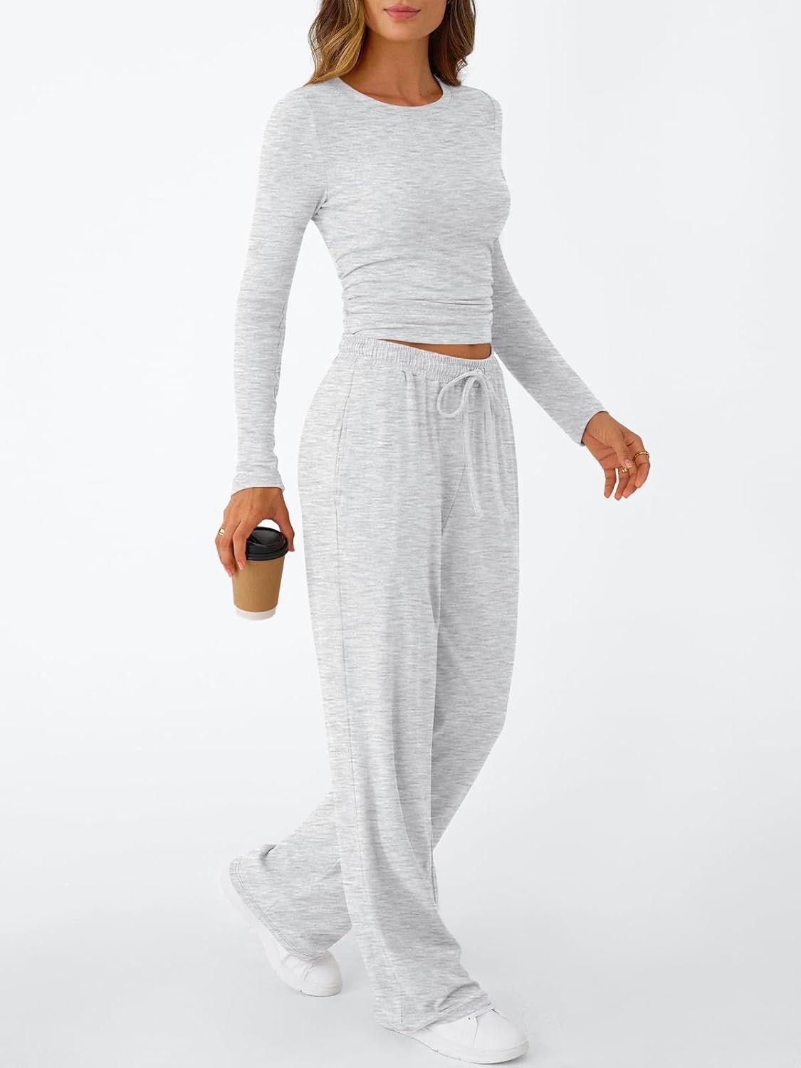 Trendy Queen Women's Lounge Set - Long Sleeve Top & Wide Leg Drawstring Pants with Pockets