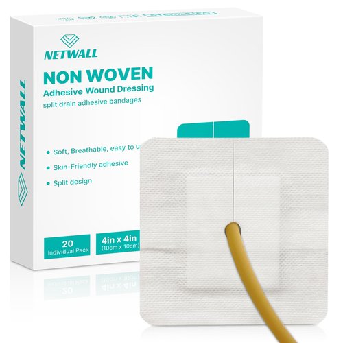 Split Drain Adhesive Bandages 4" x 4" Pre-Cut for Feeding Tubes, Dialysis Catheters & Drains - Soft Non-Stick Pad - Individually Wrapped 20 Pack Wound Dressing Pads