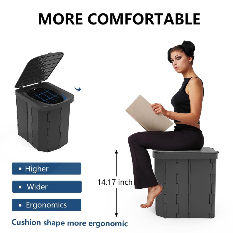 Hapoon XL Portable Folding Camping Toilet with Lid - Travel Portable Potty for Adults, Car Toilet, Light Black