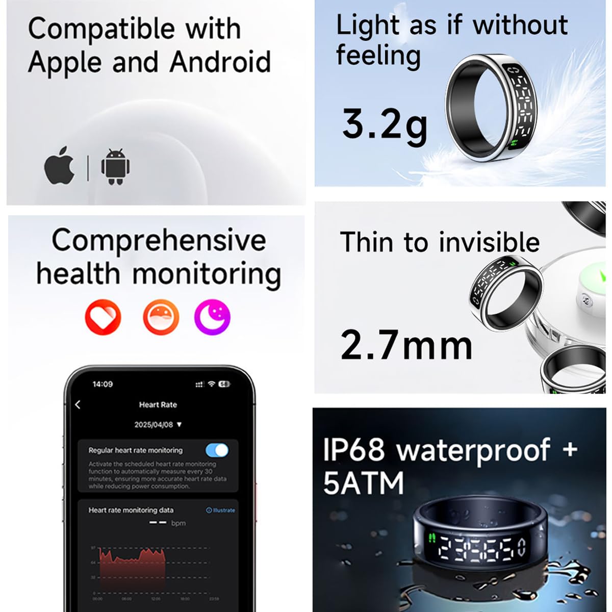 Smart Health Ring with Screen,for Women Men Fitness Tracker Heart Rate, Blood Oxygen, HRV,Sleep Monitoring, Step Counting, IP68 for iPhone and Android, No Subscription Fee (Silver, 12#)