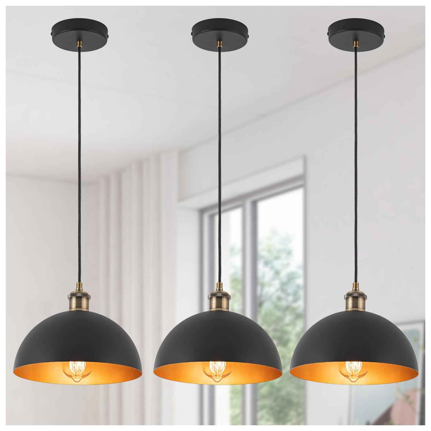 Imfurlayo Industrial Mini Black Pendant Lights 3-Pack Farmhouse 9.84" Black Gold Dome Pendant Lighting Fixture Retro Pendant Light for Kitchen Island, Dining Room, Bedroom, Hallway, Living Room