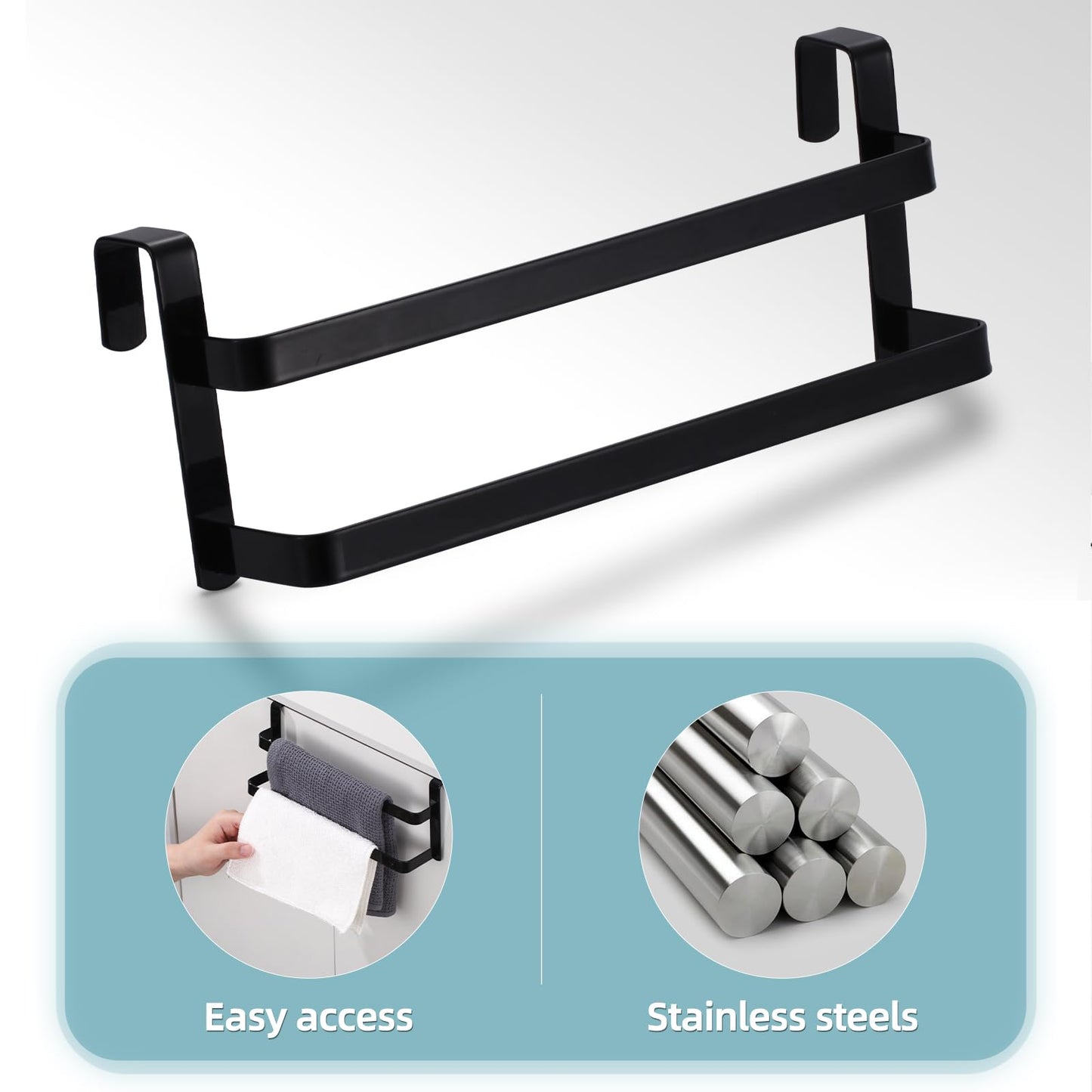 CHIKESI Double Layer Over Cabinet Towel Bar Holder, 2-Pack Stainless Steel Towel Bar for Hanging 2 Towels, Over The Door Towel Rack for Kitchen and Bathroom, Space-Saving Towel Hanger (Black)